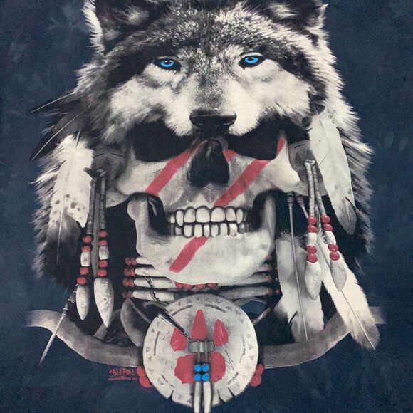 Skulbone Shirt Mens XXL Black Skull Wolf Native American Gothic Grunge - Picture 7 of 11